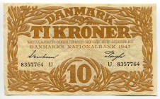 Denmark 10 Kroner 1943
P# 31o, N# 207044; # U 8357764; VF-XF