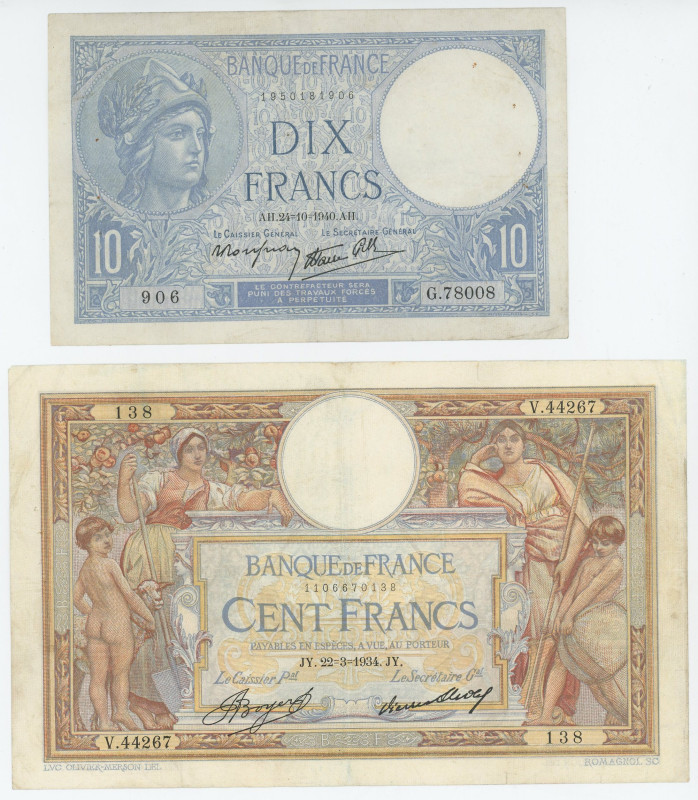 France 10 - 100 Francs 1934 - 1940
P# 78c, 84, VF