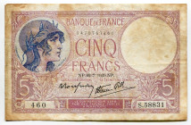 France 5 Francs 1939
P# 83a, N# 203062; # 460 S.58831; VF