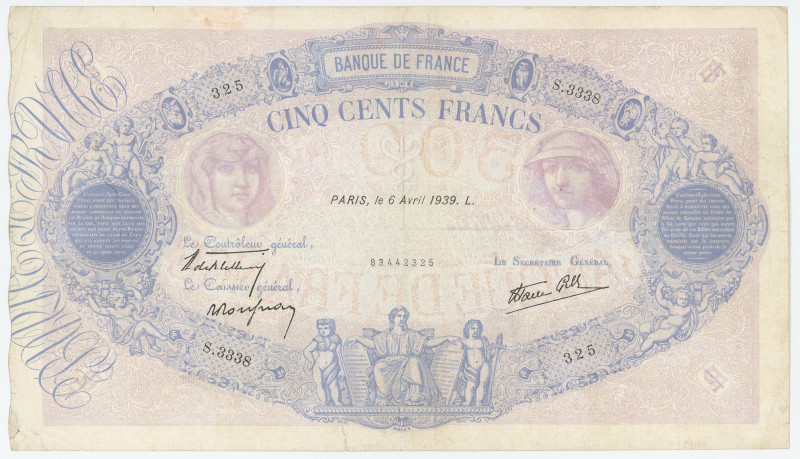 France 500 Francs 1939
P# 88c, N# 205995; # S.3338 325; VF+