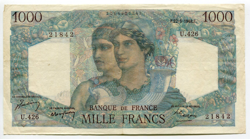 France 1000 Francs 1948
P# 130b, Fay# 41/21, N# 205617; # U.426 21842; VF-XF