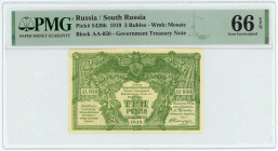 Russia - South 3 Rubles 1919 PMG 66 EPQ
P# S420b, N# 229863; # AA050