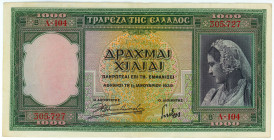 Greece 1000 Drachmai 1939
P# 110a, N# 212108; # A-104 305727; XF