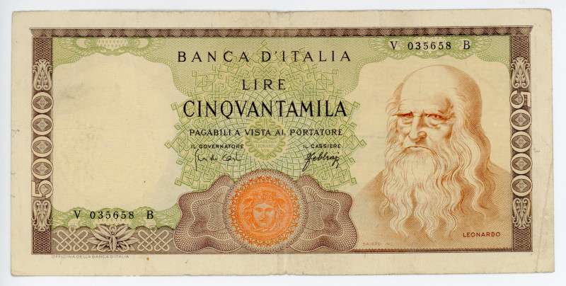 Italy 50000 Lire 1967
P# 99a, N# 205495; #V035658B; Leonardo Da Vinci; F-VF