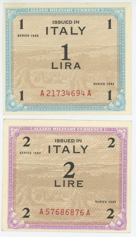 Italy 1 - 2 Lire 1943 Allied Military Currency
P# M10a, M11a, XF/AUNC-