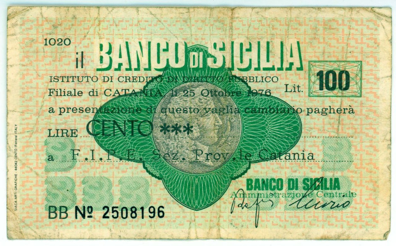 Italy Banco di Sicilia 100 Lire 1976 Notgeld
N# 245557; # BB 2508196; F