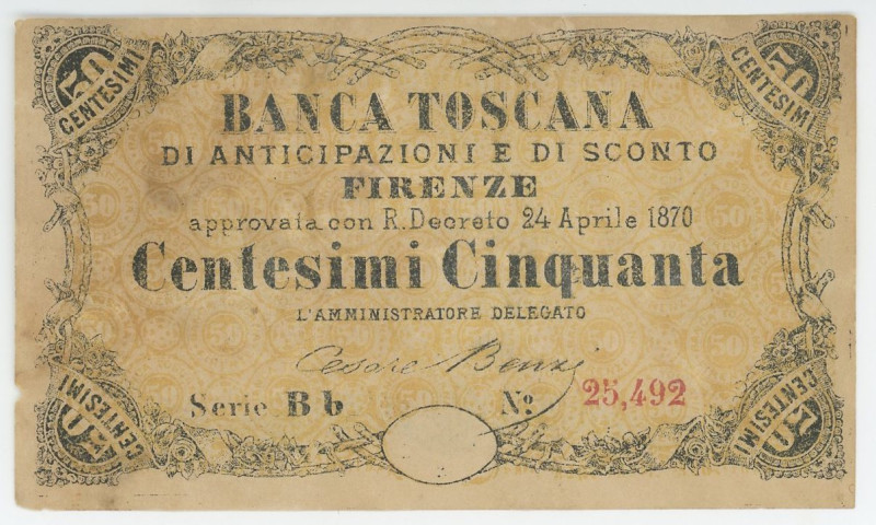 Italy Tuscany 50 Centesimi 1870
# Bb 25492; Banca Toscana, 24 Aprile 1870. Fire...