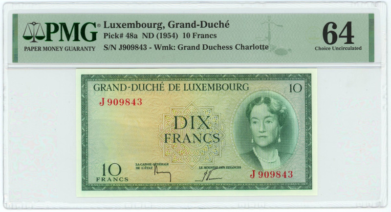 Luxembourg 10 Francs 1954 (ND) PMG 64
P# 48a, N# 206240; # J909843