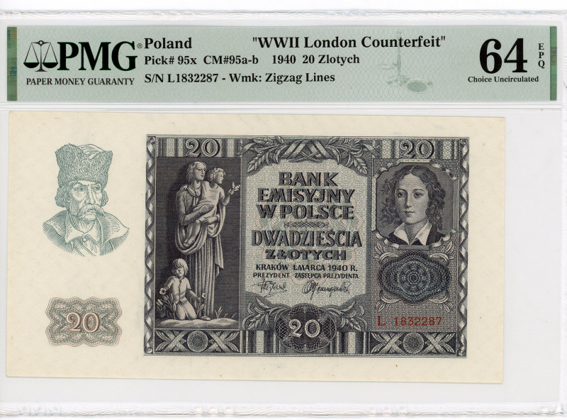 Poland 20 Zlotych 1940 PMG 64EPQ Choice UNC "WWII London Counterfeit"
P# 95x, N...