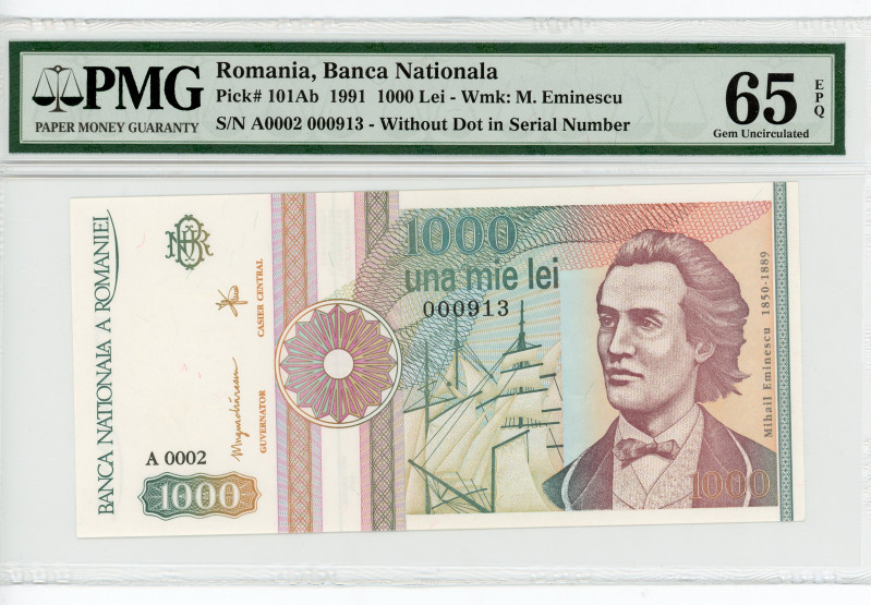 Romania 1000 Lei 1991 PMG 65EPQ Gem UNC
P# 101Ab, N# 206889; # A0002 000913; Wi...