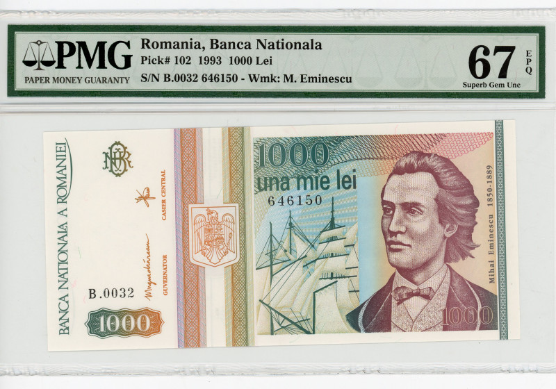 Romania 1000 Lei 1993 PMG 67EPQ Superb UNC
P# 102, N# 206886; # B.0032 646150; ...