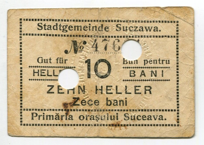 Romania Suceava 10 Heller / 10 Bani 1916 (ND) Notgeld Cancelled
Suczawa, Bukowi...