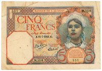 Algeria 5 Francs 1941
P# 77a, N# 207711; # M.5310 351; VF