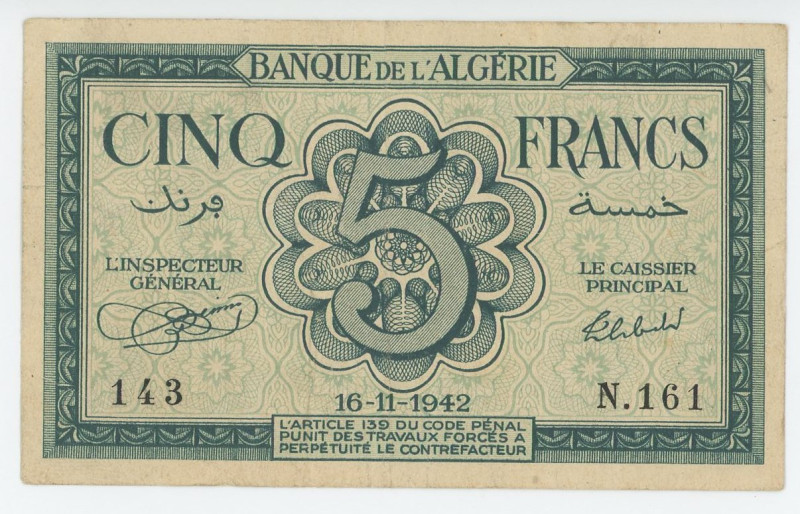 Algeria 5 Francs 1942
P# 91, N# 206297; # N.161 143; XF-