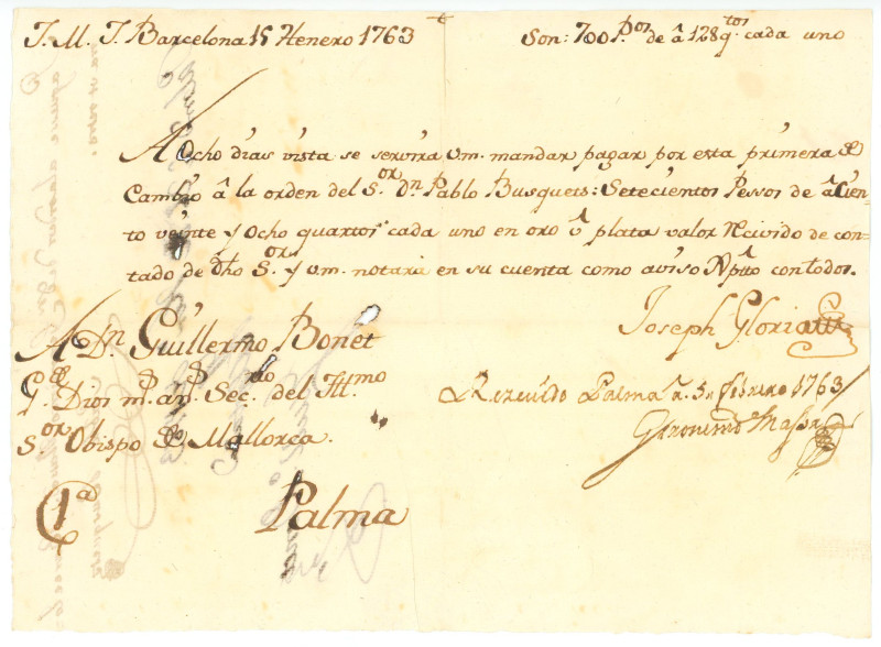 Spain Barcelona Bill of Exchange for 700 pesos 1763
letra de cambio; drawn in B...