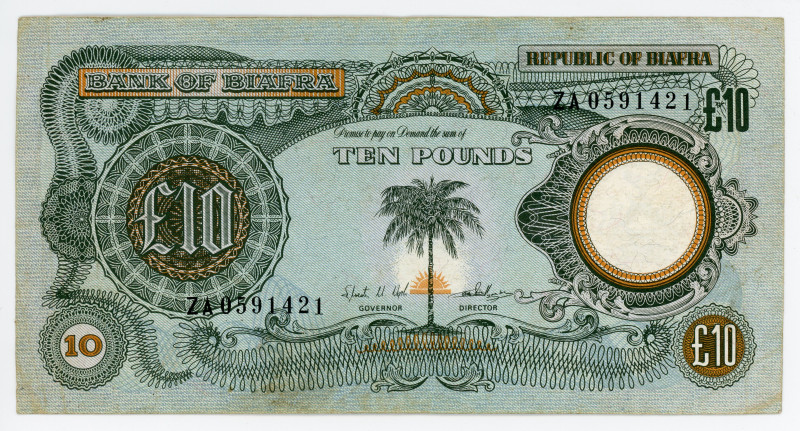 Biafra 10 Pounds 1968 - 1969 (ND)
P# 7a, N# 206566; # ZA0591421; VF-XF