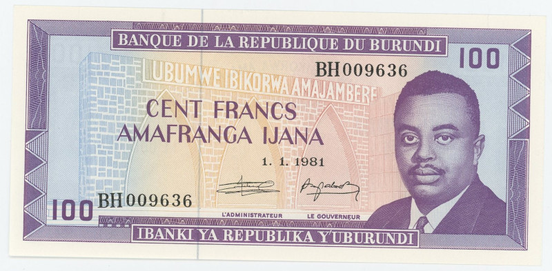 Burundi 100 Francs 1981
P# 29b, N# 205848; # BH 009636; UNC