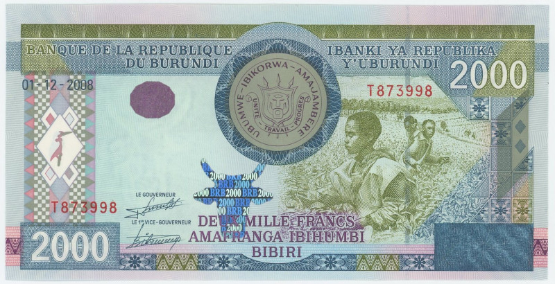 Burundi 2000 Francs 2008
P# 47, N# 223259; # T 873998; UNC
