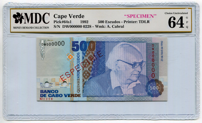 Cabo Verde 500 Escudos 1992 Specimen MDC 64GPQ
P# 64s1, N# 212919; # DW000000 0...