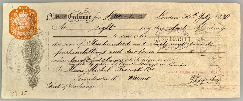 Ottoman Empire Anglo-Ottoman Tobacco Company Bill of Exchange for £399.14.2 1920...