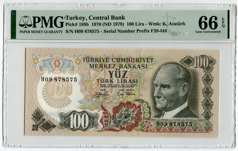 Turkey 100 Lira 1970 (1979) (ND) PMG 66EPQ
P# 189b, N# 206666; # H09 878575