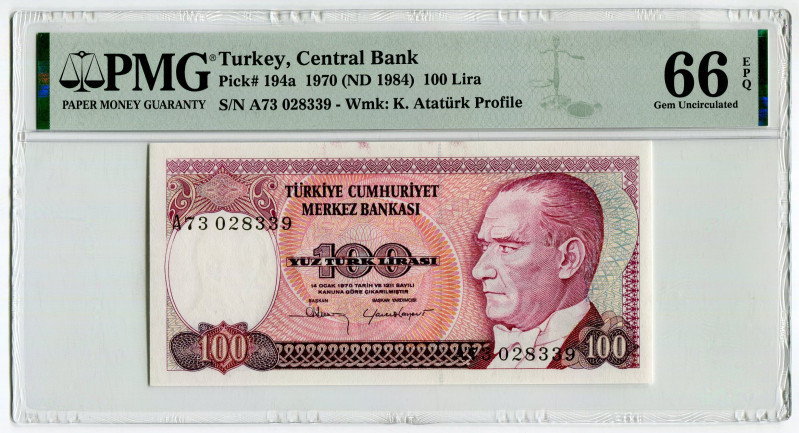 Turkey 100 Lira 1970 (1984) (ND) PMG 66EPQ
P# 194a, N# 206366; # A73 028339