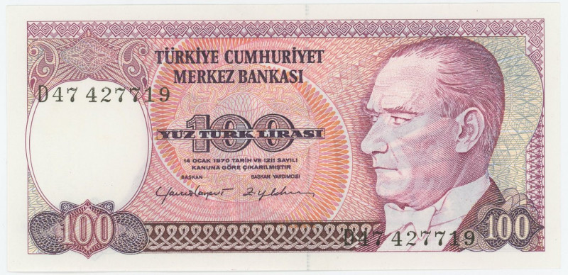 Turkey 100 Lira 1970 (1984)(ND)
P# 194a, N# 206366; # D47 427719; UNC