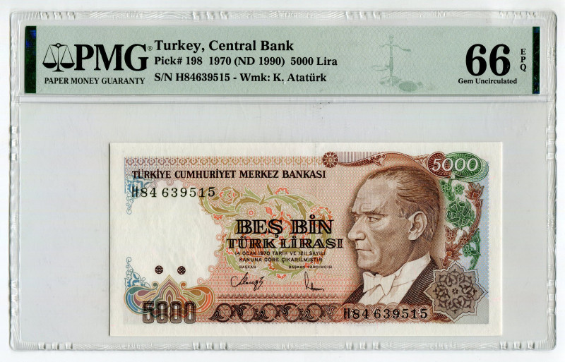 Turkey 5000 Lira 1970 (1990) (ND) PMG 66EPQ
P# 198, N# 203677; # H84639515