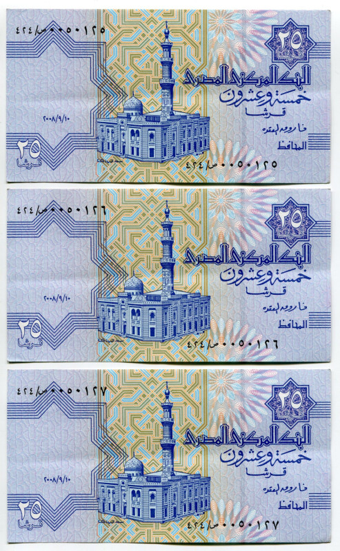 Egypt 3 x 25 Piastres 2008 With Consecutive Numbers
P# 57h, N# 204738; # 424/g ...