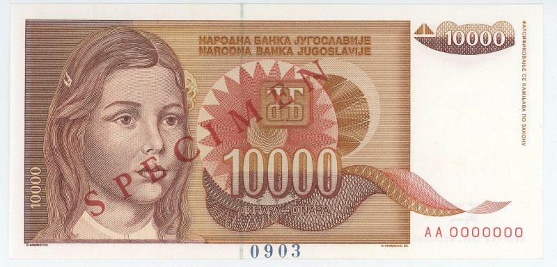 Yugoslavia 10000 Dinara 1992 Specimen
P# 116s, N# 206064; # AA 0000000; UNC