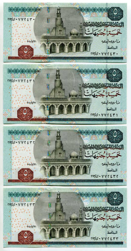 Egypt 4 x 5 Pounds 2010 With Consecutive Numbers
P# 63d, N# 208215; # 213/J 077...