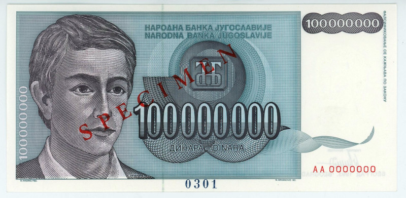 Yugoslavia 100000000 Dinara 1993 Specimen
P# 124s, N# 203687; # AA 0000000; UNC