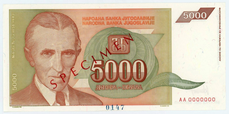 Yugoslavia 5000 Dinara 1993 Specimen
P# 128s, N# 205328; # AA 0000000; UNC