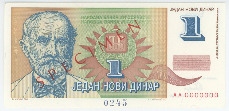 Yugoslavia 1 Novi Dinar 1994 Specimen
P# 145s, N# 208536; # AA 0000000; UNC