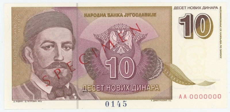 Yugoslavia 10 Novih Dinara 1994 Specimen
P# 149s, N# 208538; # AA 0000000; UNC