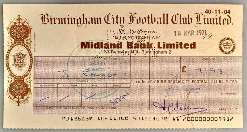 Great Britain Birmingham City Football Club Ltd Cheque for £7.93 1971
Check dra...