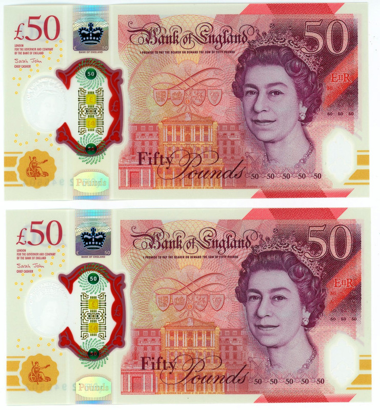 Great Britain A pair of Bank of England 50 Pounds Elizabeth II Alan Turing Polym...