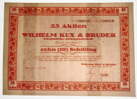 Austria Wilhelm Kux & Bruder AG Wien 25 Shares of 10 Schilling each 1928
# 11651-11675; decoratbe border; the company owned shoefactory in Vienna; VF