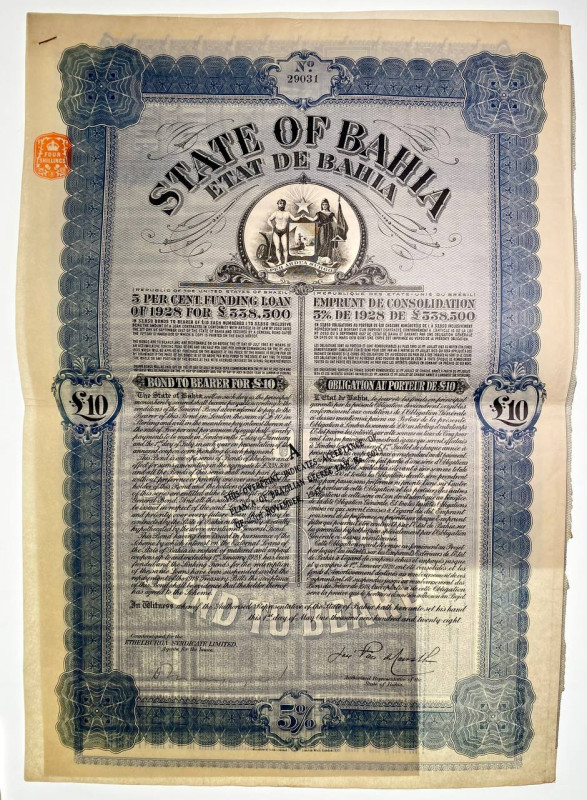 Brazil State of Bahia 5% Funding Loan £10 Bearer Bond 1928
# 29031; some coupon...