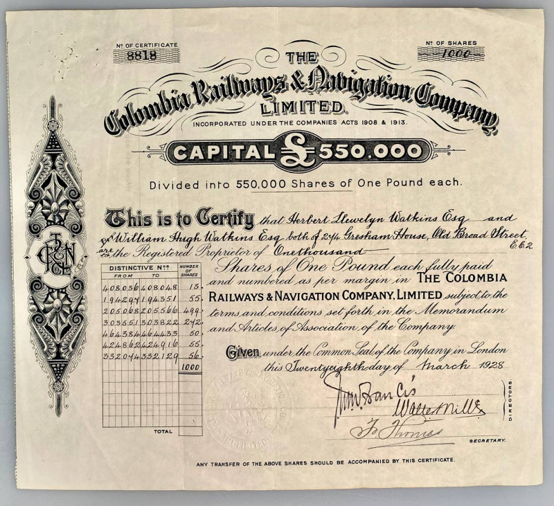 Colombia Colombia Railway and Navigation Company 1000 Shares of £1 Each 1928
# ...