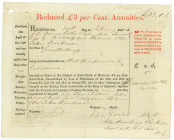 Great Britain Bank of England Reduced 3% Annuities for £33.0.8 1840
with intricate detailing on verso; paper loss at the top left corner;