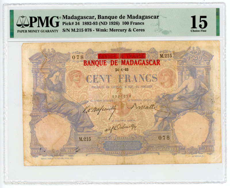 Madagascar 100 Francs 1926 (ND) PMG 15
P# 34, N# 211932; #M.215 5361078; Old da...