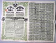 Peru 5 % Gold Bonds of 1920 of £ 10 1920
# 71658; Large format with coat-of-arms of Peru. Printed by Waterlow. Text in English and French; VF