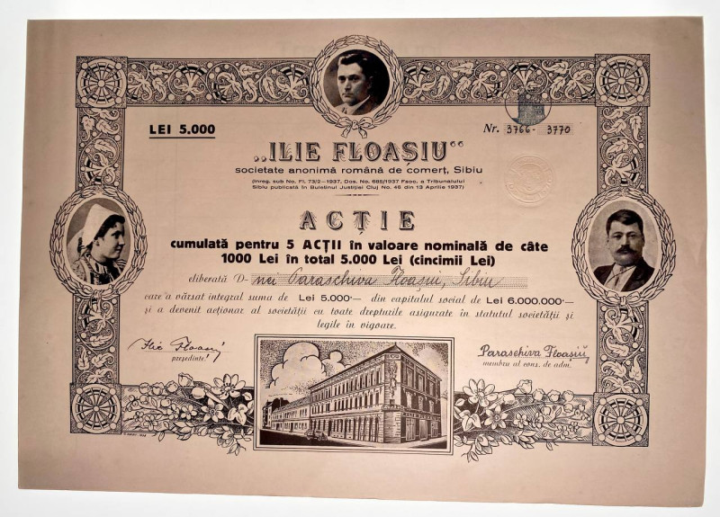 Romania Transylvania "Ilie Floasiu" SA Sibiu 5 shares for lei 5000
# 3766-3770;...