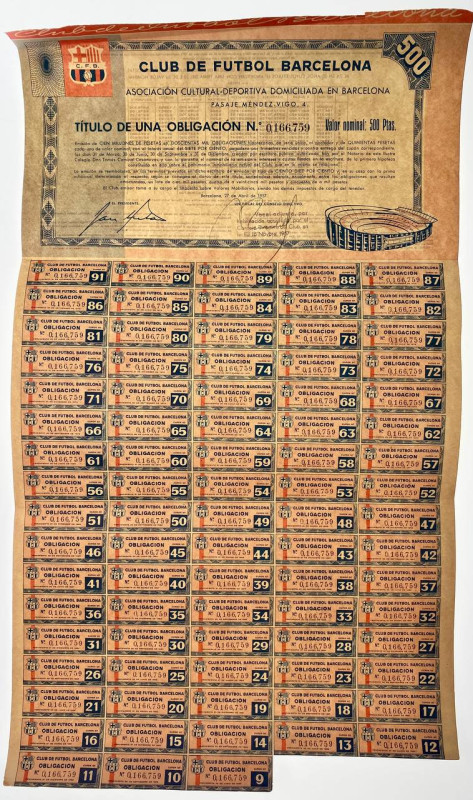 Spain Football FC Barcelona Obligacion de 500 pesetas Camp Nou 1957
# 166759; B...