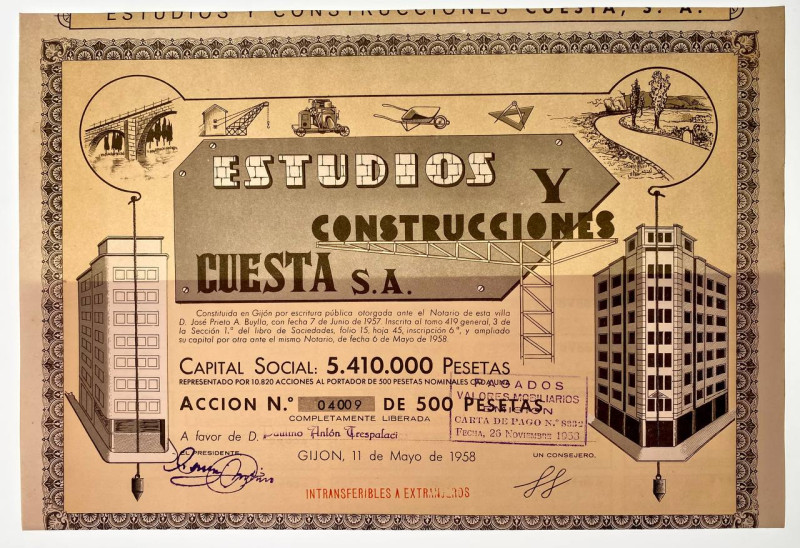 Spain Estudios y Construcciones de Guesta Accion de 500 pesetas 1958
# 4009; At...