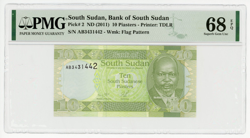 South Sudan 10 Piasters 2011 (ND) PMG 68EPQ Superb UNC
P# 2, N# 202591; # AB343...