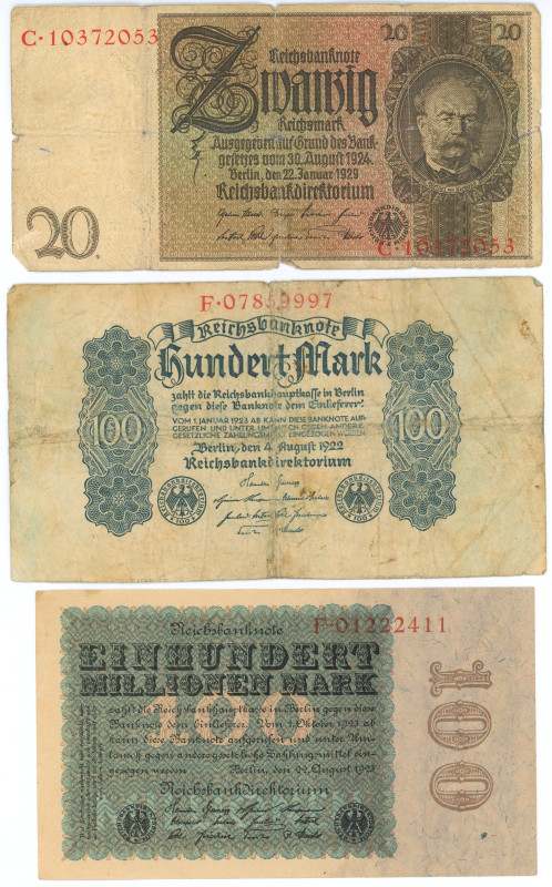 Germany - Weimar Republic Lot of 3 Banknotes 1922 - 1929
Various Dates, Denomin...