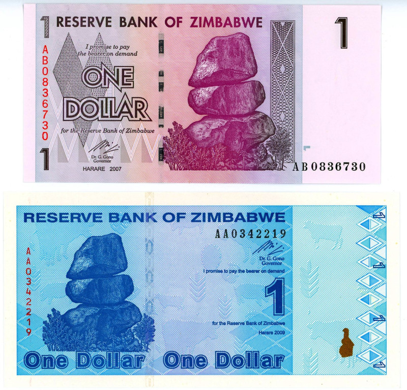 Zimbabwe 2 x 1 Dollar 2007 - 2009
P# 65, 92, UNC