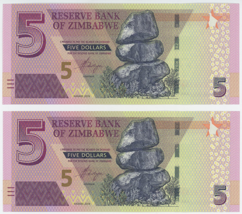 Zimbabwe 2 x 5 Dollars 2019 Consecutive Pair
P# 102, N# 205202; UNC